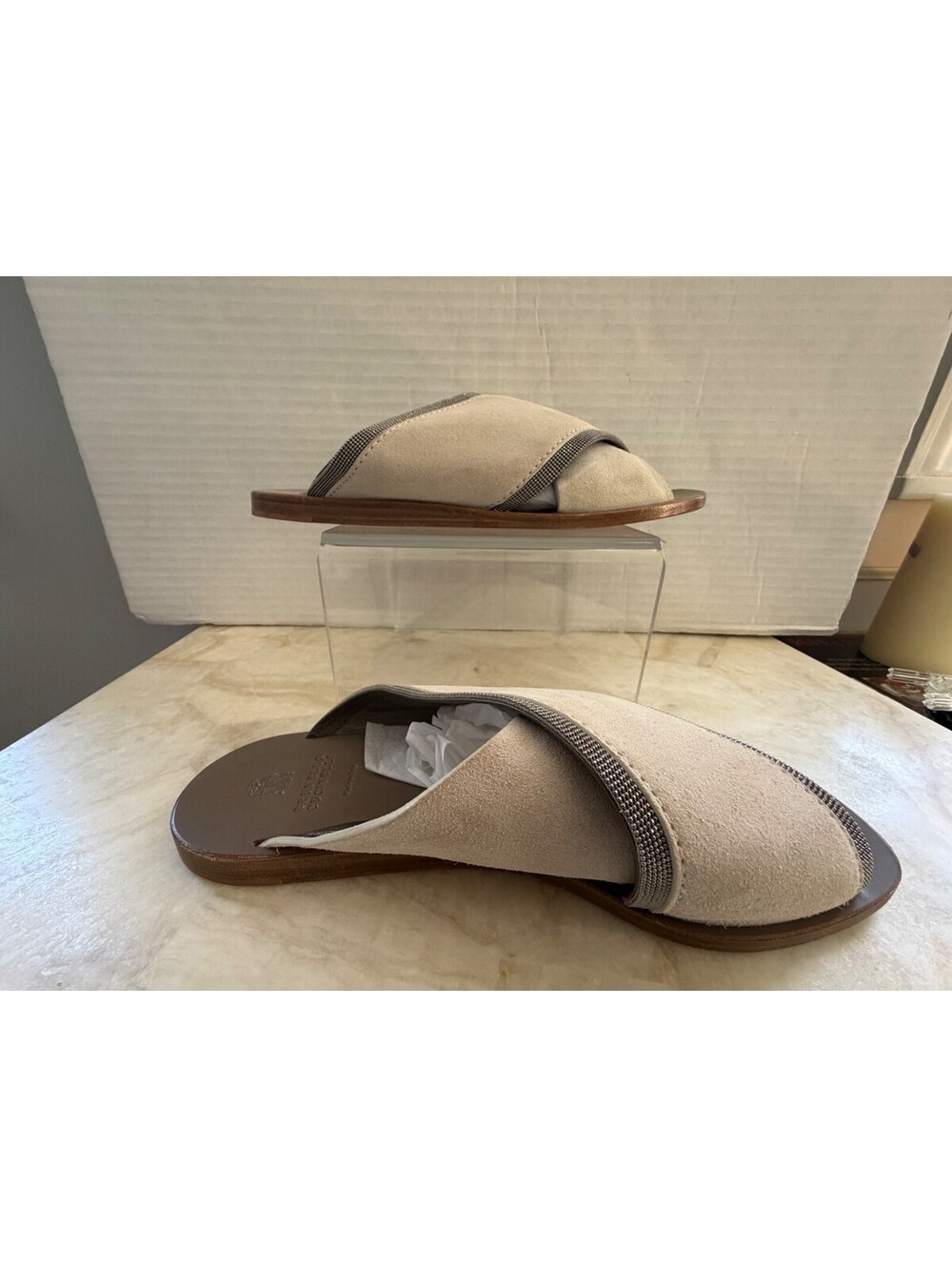 Brunello Cucinelli Suede Monili Beaded Crisscross Slide Sandals Beige Taupe 38.5 - Picture 7 of 14